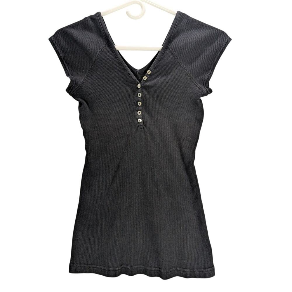 Vintage Self Esteem Henley Shirt Womens XL Black Ribbed V Neck Grunge 90s READ